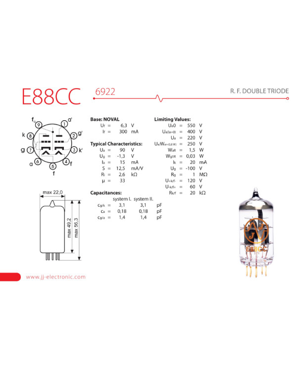 Лампа для підсилювача JJ ELECTRONIC E88CC Gold Pin