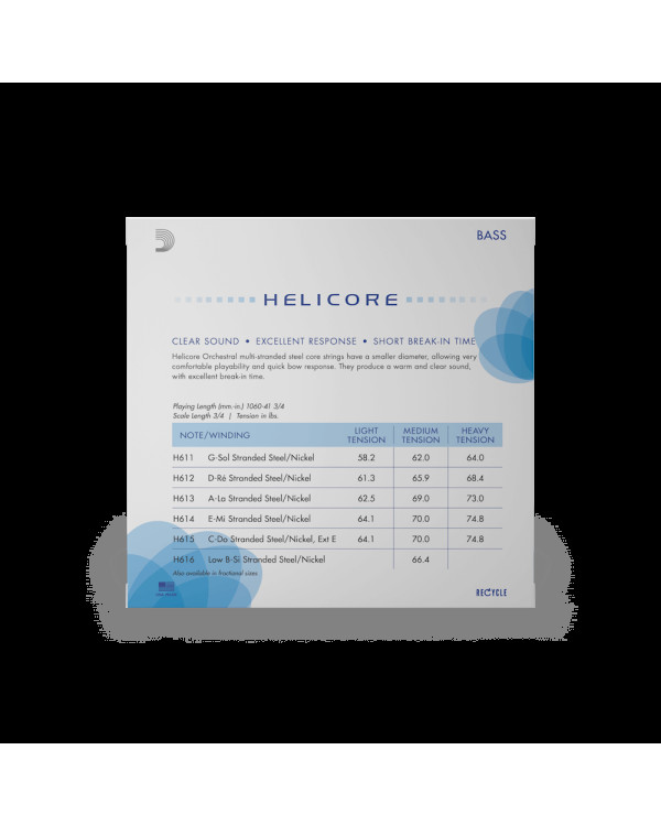 Струни для контрабасу D'ADDARIO HELICORE ORCHESTRAL BASS STRING SET 3/4 Scale Medium Tension