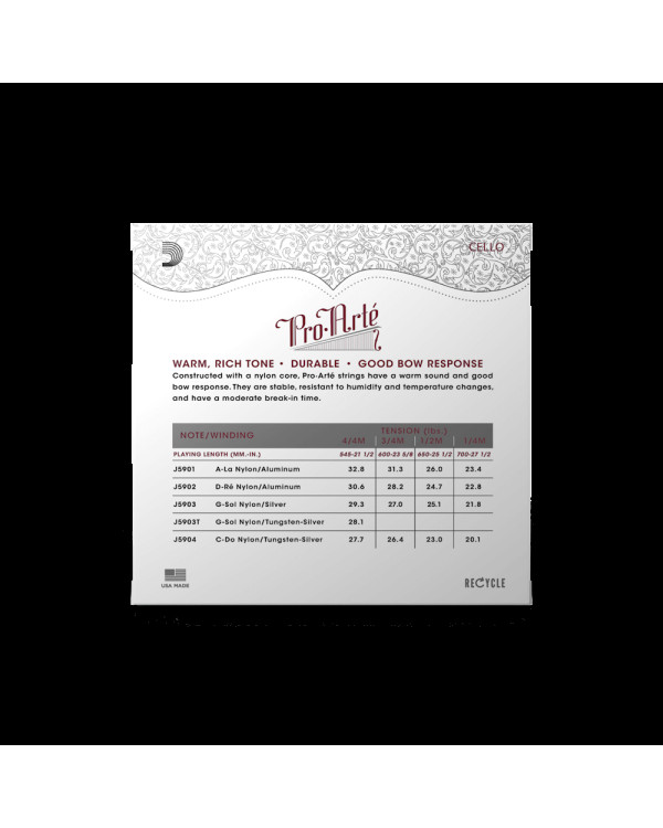 Струни для віолончелі D'ADDARIO PRO-ART'E CELLO STRING SET 4/4 Scale Medium Tension