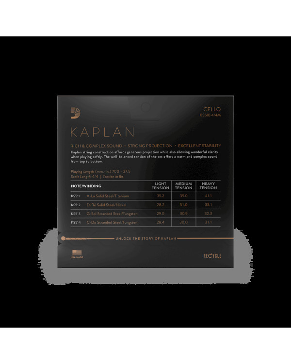 Струни для віолончелі D'ADDARIO KAPLAN CELLO STRING SET 4/4 Scale Medium Tension